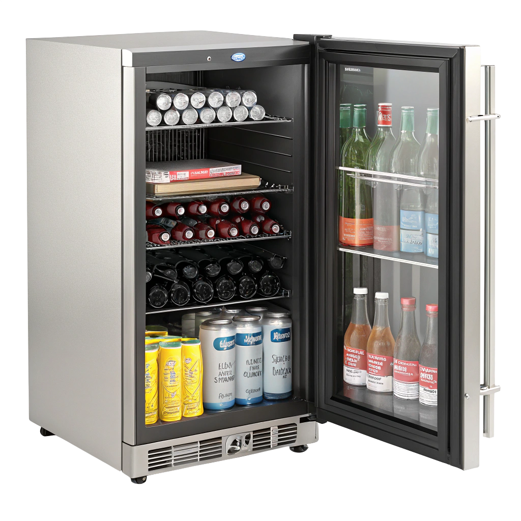 Single-door stainless steel beverage cooler filled with cans, bottles, and snacks, featuring glass front and side shelving.