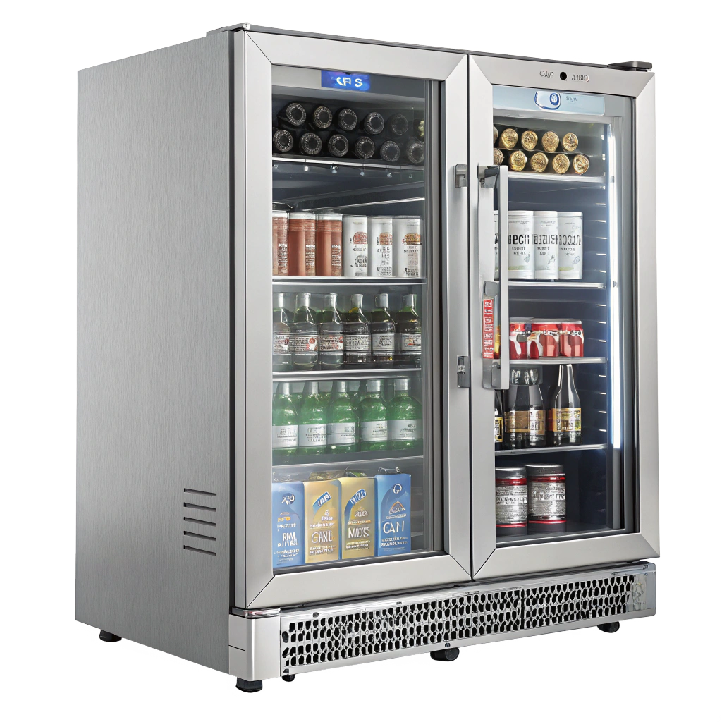 Double-door stainless steel beverage cooler stocked with drinks and snacks, featuring illuminated interior and glass doors.